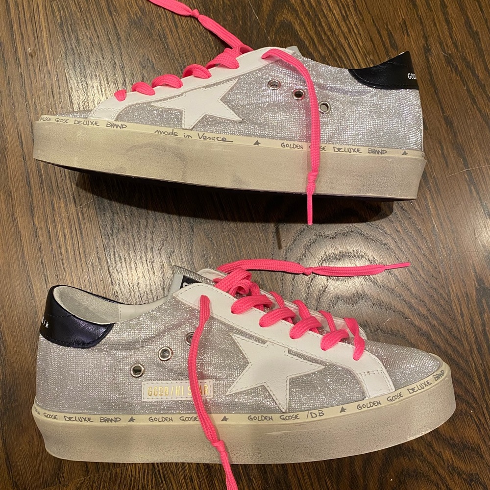 Golden Goose High Star Checkered Glitter Upper Leather Sneakers - Size 40